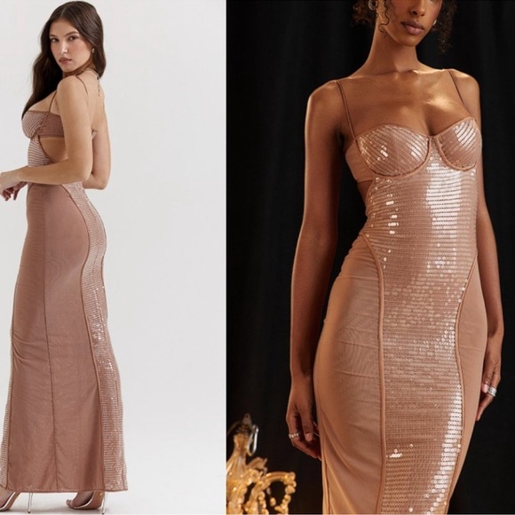 NWOT HOUSE OF CB 'Bonita' Cafe Au Lait brown Sequin Maxi Dress sz S - Picture 2 of 10